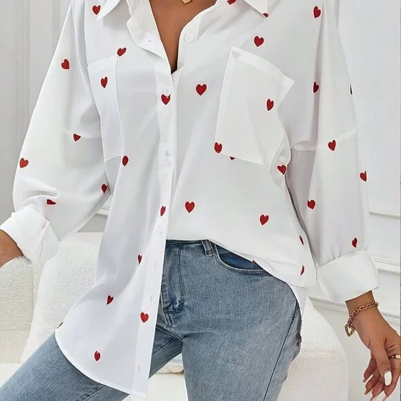 White Casual Women's Front Button Long Sleeve Pocket Heart All Over Print Shirt - Picture 1 of 4